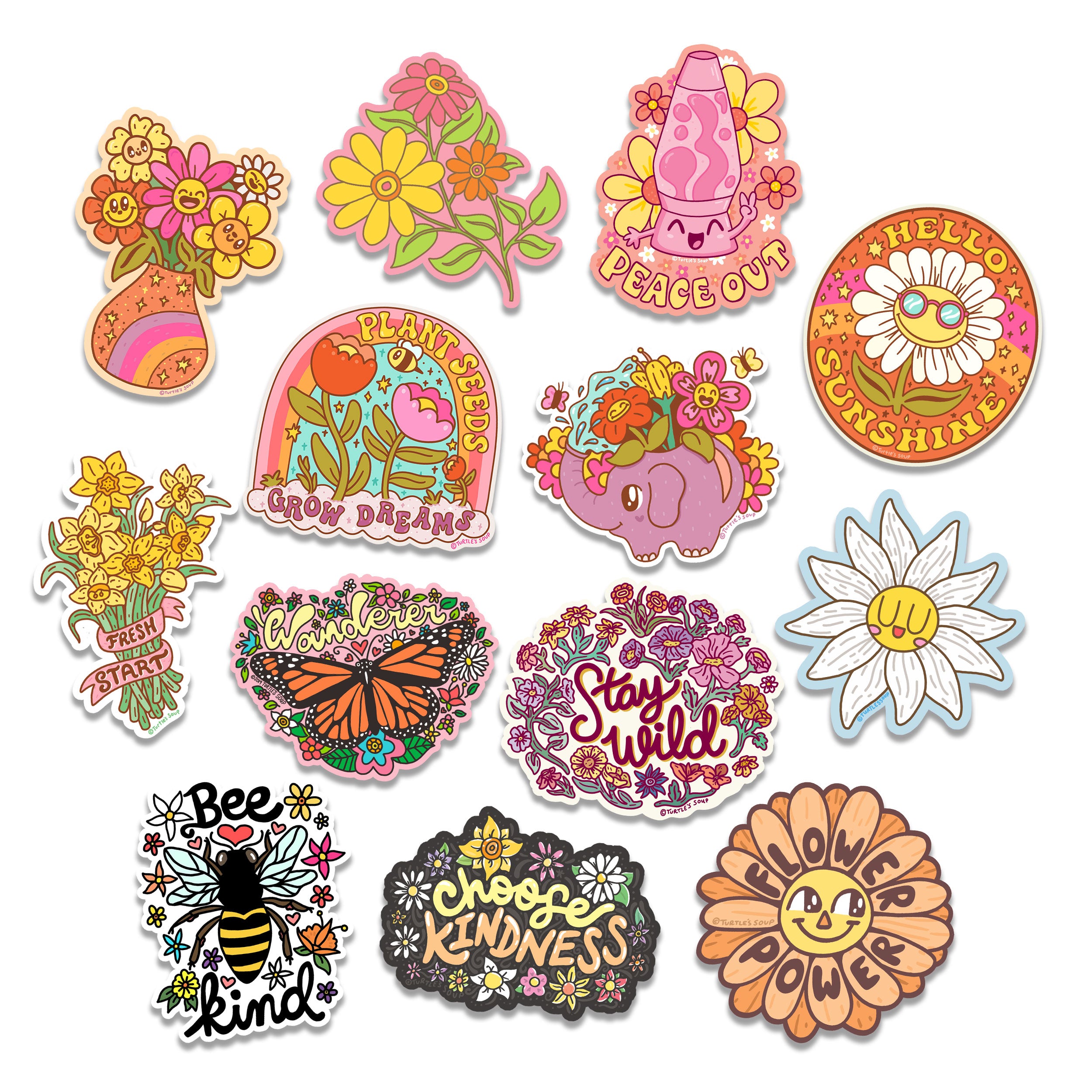 Flower Power Floral Positivity Uplifting Pack of 13 Vinyl Stickers –  Turtle's Soup