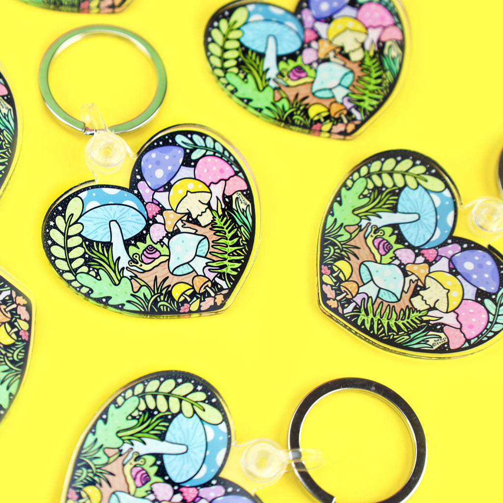 Forest-Heart-Keychain-Acrylic-Turtles-Soup-Mushrooms-Plants