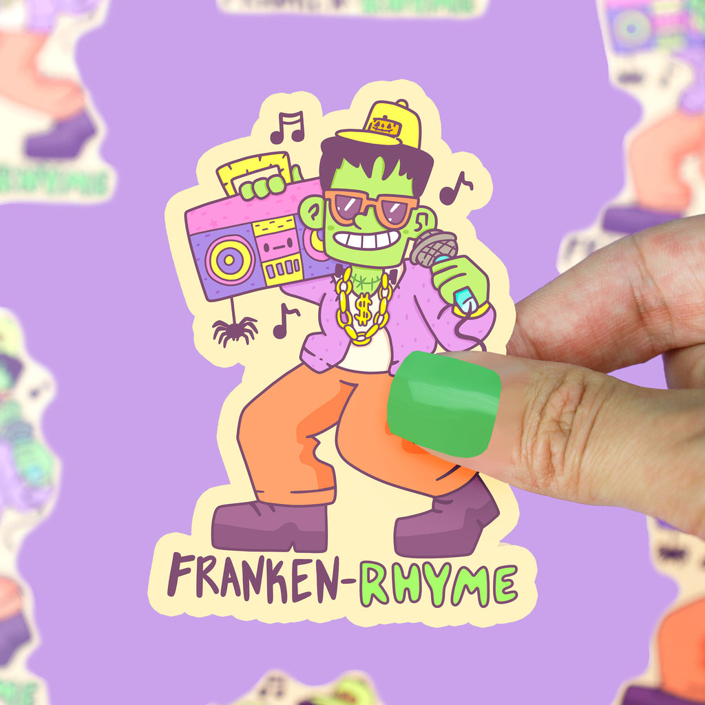 Frankenstein-Franken-Rhyme-Funny-Music-Pun-Hip-Hop-Halloween-Vinyl-Sticker-For-Waterbottle-Laptop-Rap-by-Turtles-Soup-Beat-Box