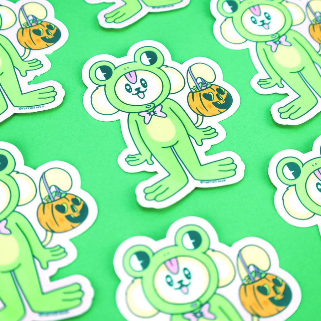 Frog-Monkey-Halloween-Costume-Cute-Trick-or-treat-sticker-for-waterbottle-laptop-jack-o-lantern-turtles-soup-art-decal-vinyl-sticker-funny