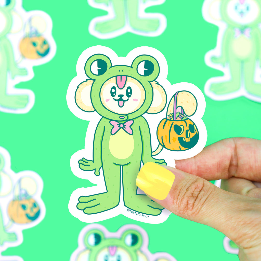 Frog-Monkey-Halloween-Costume-Cute-Trick-or-treat-sticker-for-waterbottle-laptop-jack-o-lantern-turtles-soup-art-decal-vinyl-sticker.