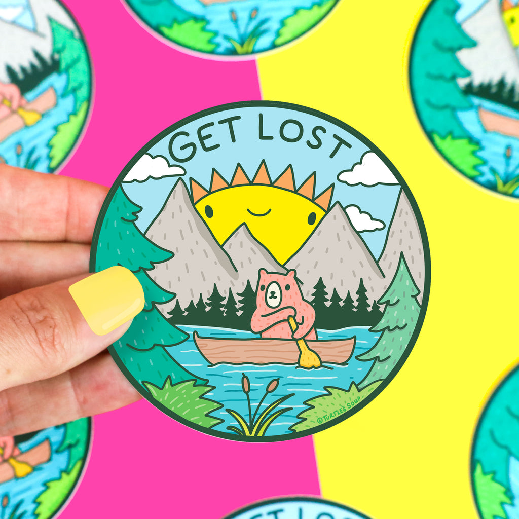 Get-Lost-Outdoorsy-Bear-Lake-Outdoors-Hiking-Adventure-Badge-Water-Bottle-Sticker-Turtles-Soup-Cute-Woods-Forest