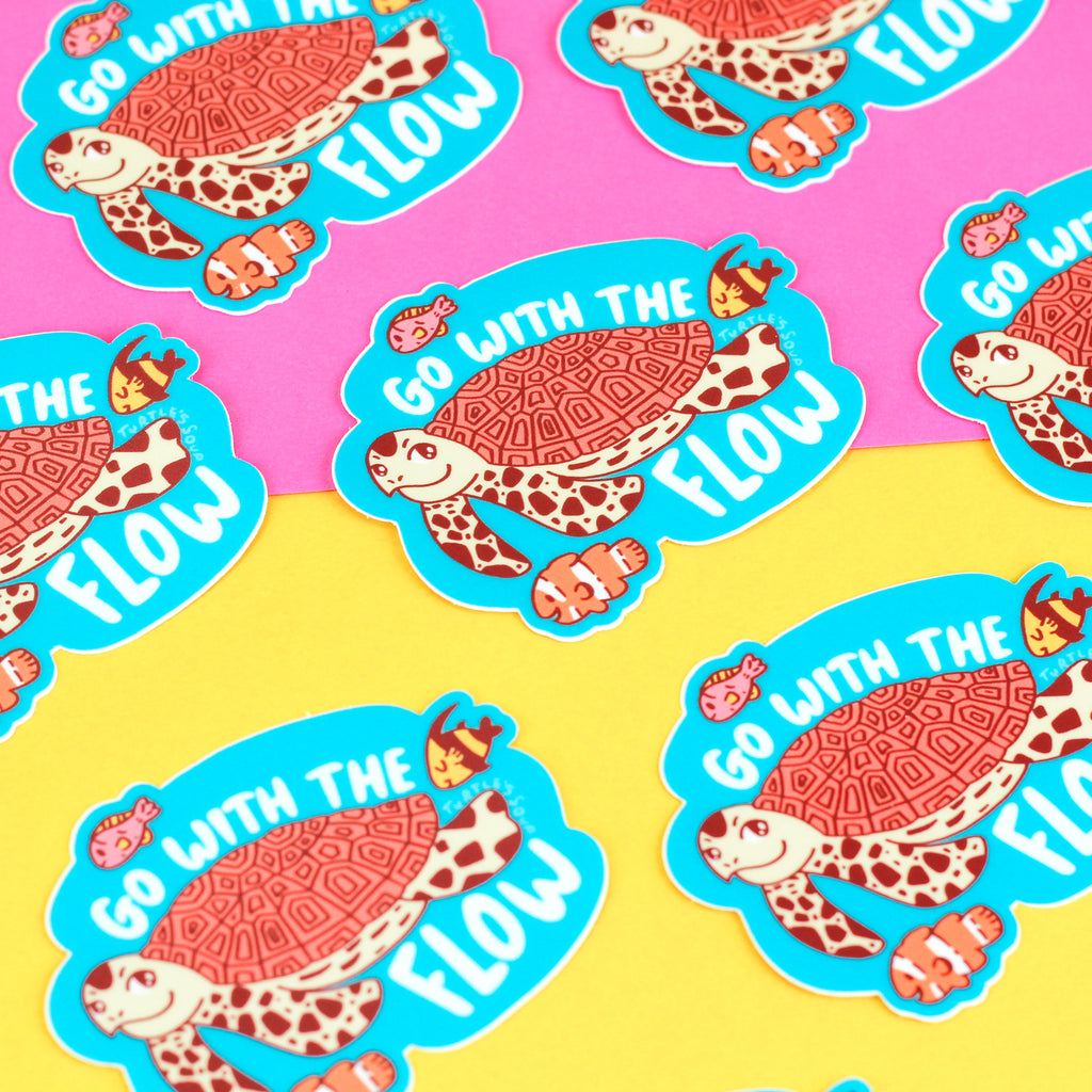 Go With The Flow, Sea Turtle Sticker, Cute Art Decal, Easygoing, Save The Turtles, Ocean, Sea Life, Aquatic, Illustration, Art, Summer Decal
