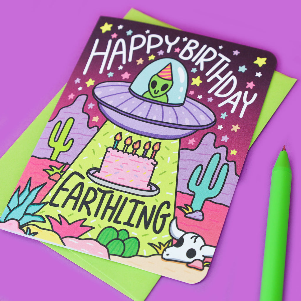 Happy Birthday Earthling, Alien Abduction Birthday Card, Funny Birthday, Desert Alien, Southwestern Birthday, Cactus UFO, Extraterrestrial