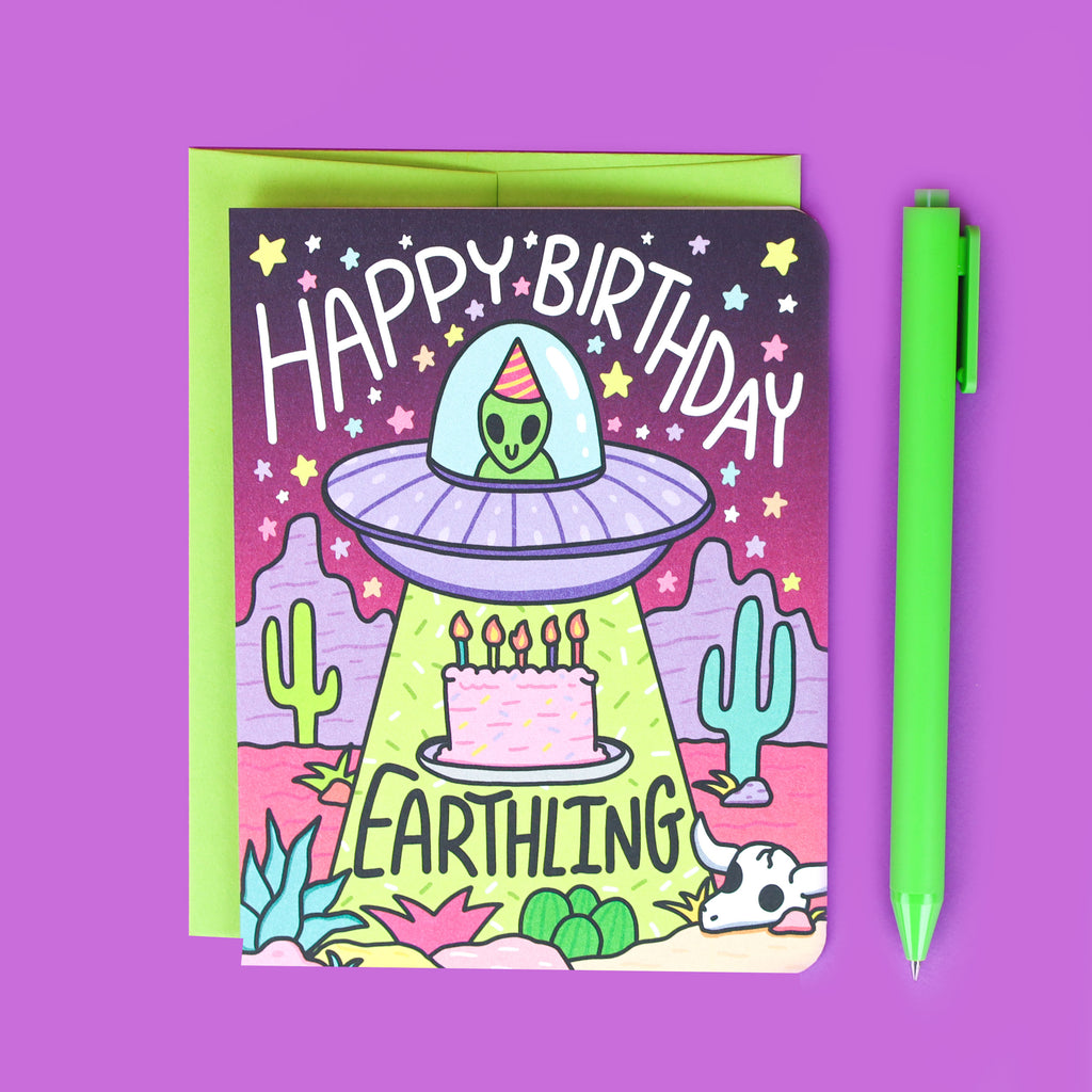 Happy Birthday Earthling, Alien Abduction Birthday Card, Funny Birthday, Desert Alien, Southwestern Birthday, Cactus UFO, Extraterrestrial