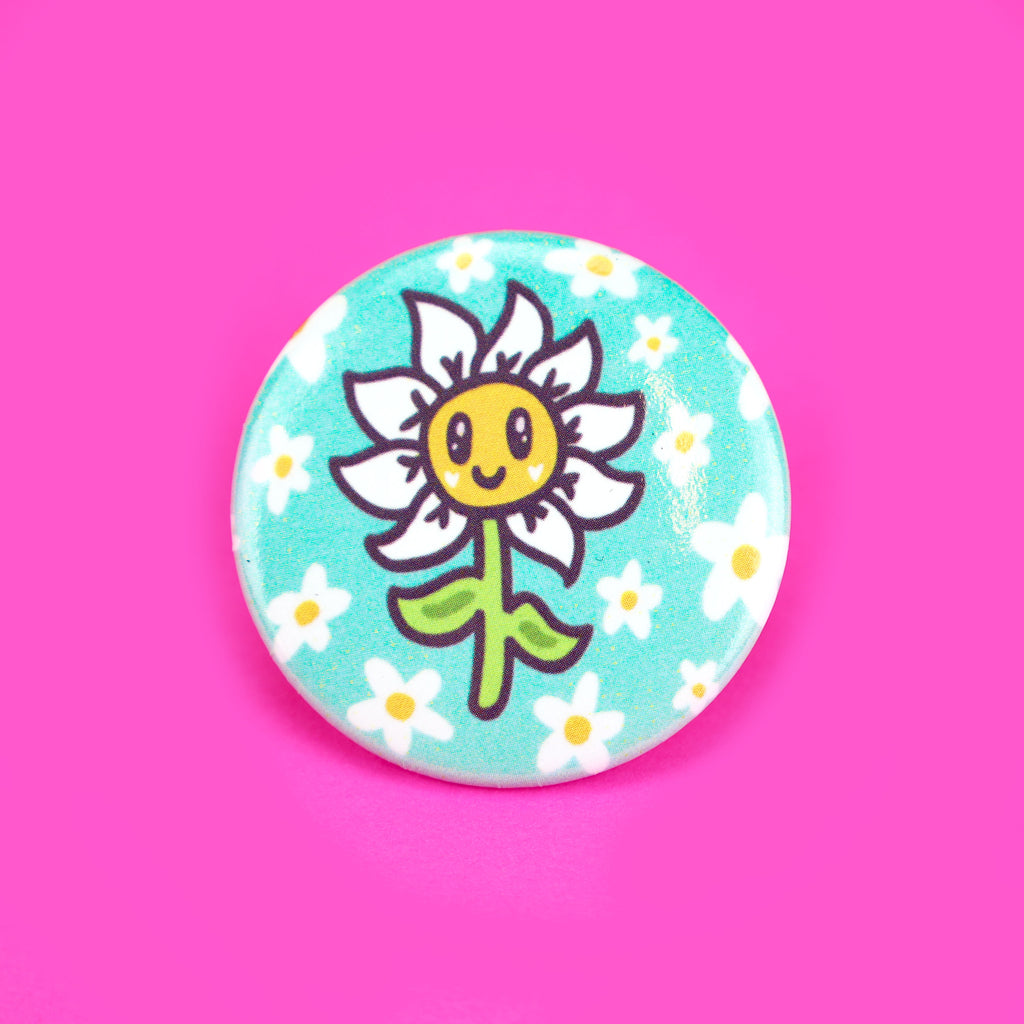 Happy Little Daisy Pinback Button, Daisy Flower, Cute Flower Art, Pinback Badge for Backpack, Jacket, Hat, Cool Flower Pin, Adorable Drawing