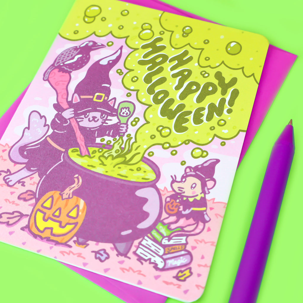 Happy-Halloween-Witchy-Kitty-Witch-Cat-Spooky-Cauldron-Greeting-Card-By-Turtles-Soup-Adorable-Cat-Card.