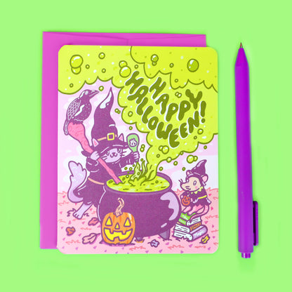 Happy-Halloween-Witchy-Kitty-Witch-Cat-Spooky-Cauldron-Greeting-Card-By-Turtles-Soup-Adorable-Cat-Card.