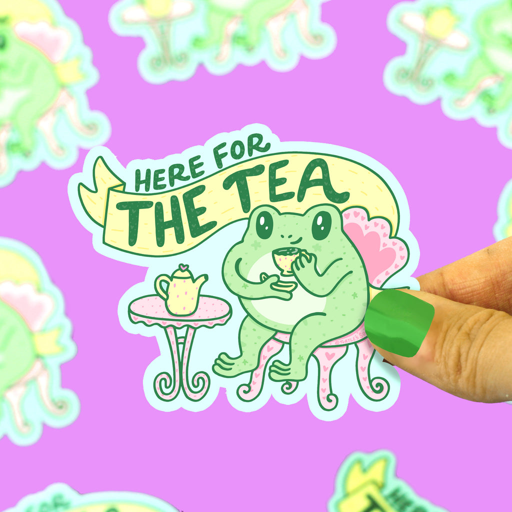 Herre-for-the-tea-Cute-Frog-Drinking-Tea-Sticker-Adorable-Froggy-Art-Cute-Animal-Decal-Vinyl-Sticker-for-Water-Bottle-Laptop-by-Turtles-Soup-Gossip