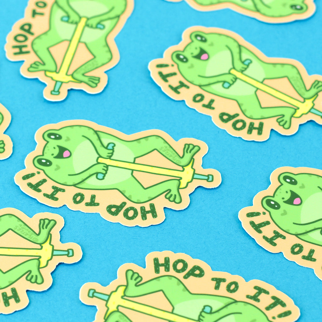 Hop-To-It-Funny-Frog-Sticker-Vinyl-Decal-Pun-pogostick-pogo-sports-adorable-water-bottle-laptop-sticker-funny-by-tutles-soup