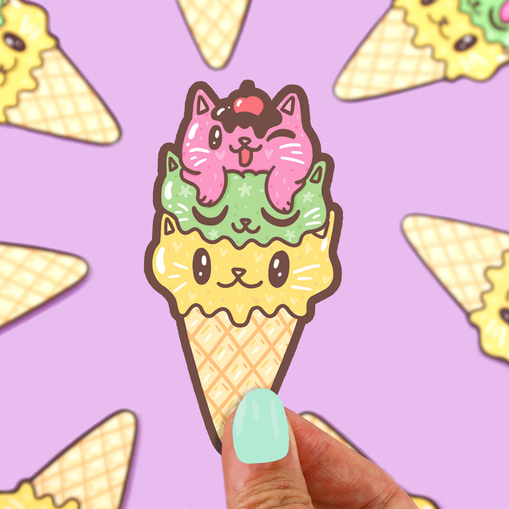 Ice-Cream-Cone-Cat-Vinyl-Sticker-Kitty-Dessert-Dairy-Cat-Adorable-Cat-Shaped-Ice-Cream-Scoops-Strawberry-Vanilla-Chocolate-Meowgical-by-Turtles-Soup