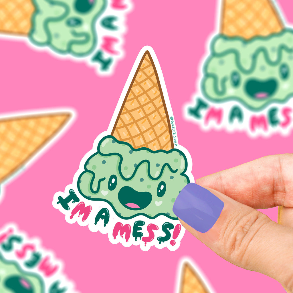 Ice-cream-self-pun-funny-mess-sticker-im-a-mess-clumsy-funny-sticker-for-water-bottle-laptop-phone-cup-cute-waterproof-icecream-cone-sticker-by-turtles-soup-turtlessoup-turtle-soup-s