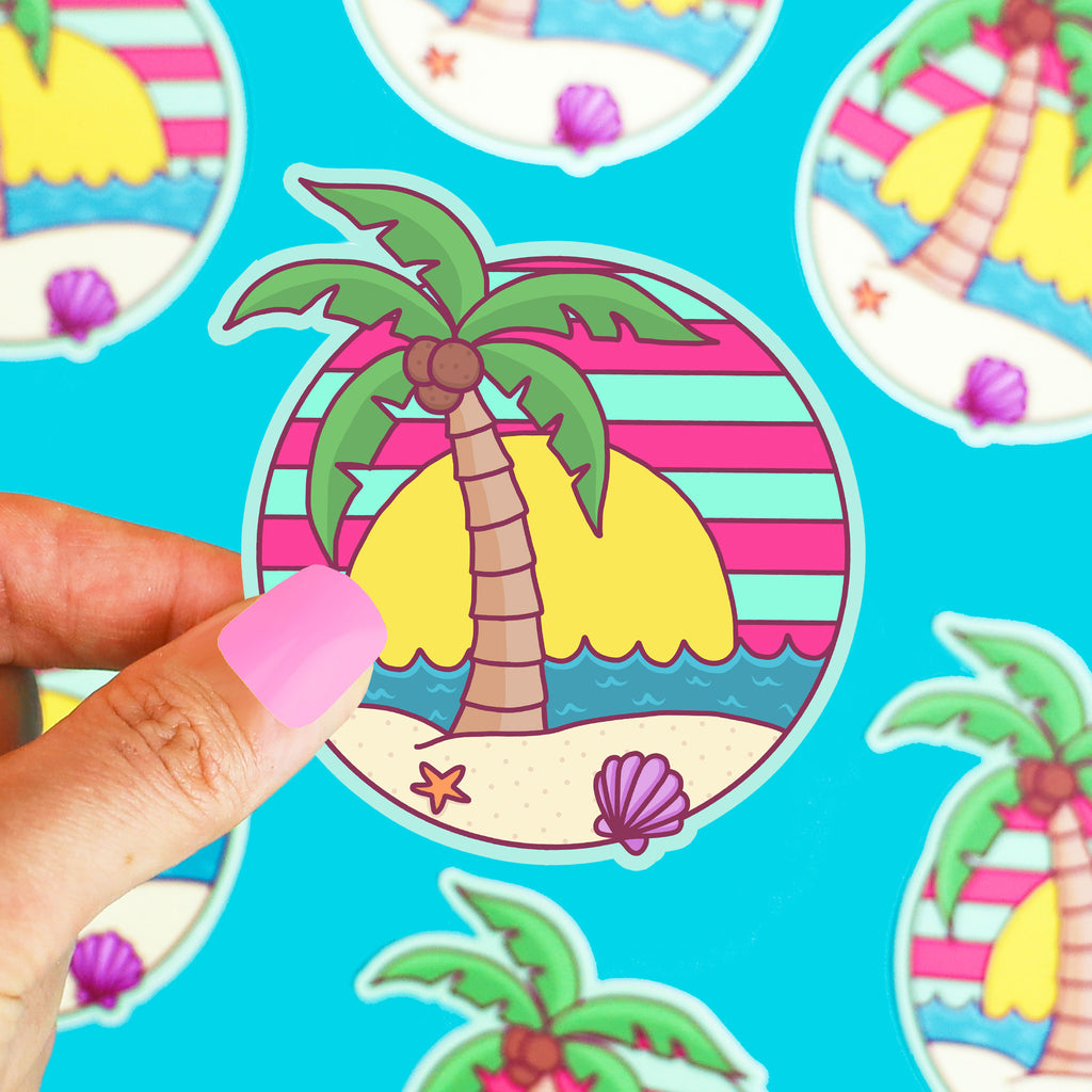 Island Sticker, Palm Tree Decal, Outrun Decal, Laptop Stickers, Tropical, Travel Sticker, Beach Sticker, Vaporwave Aesthetic, Vinyl, Waves