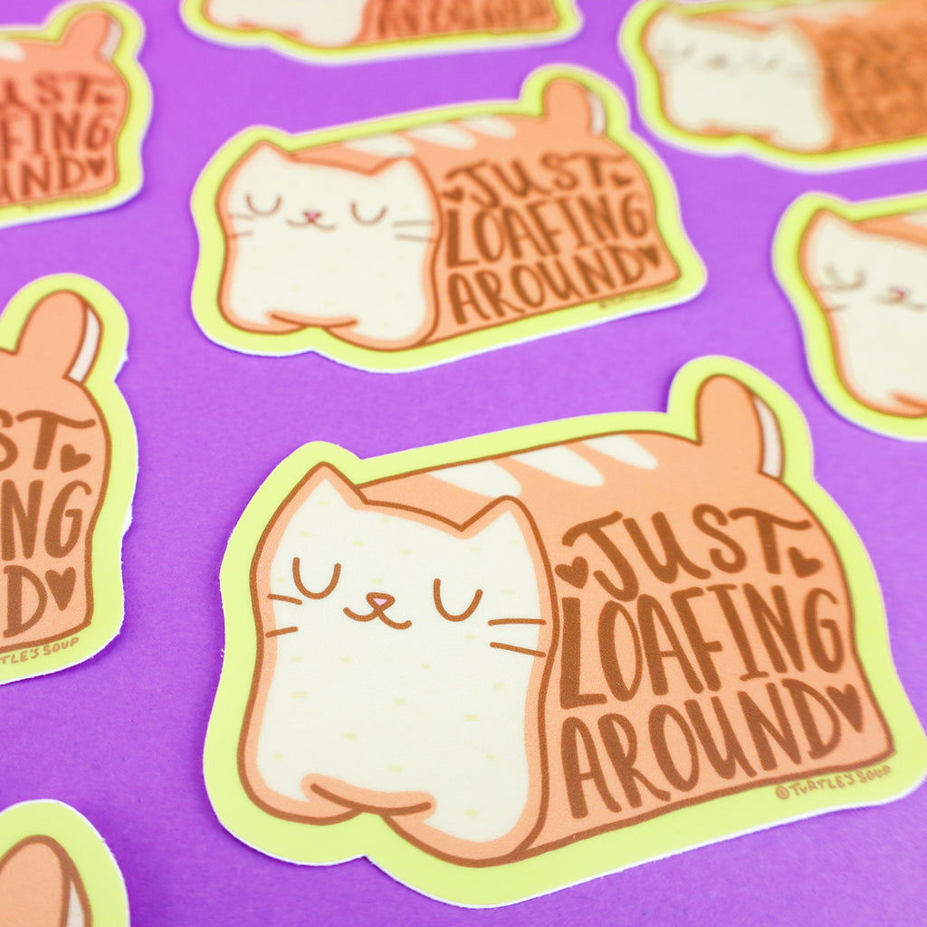 Just-Loafing-Around-Kitty-Vinyl-Sticker,-Cute-Cat-Sticker,-Bread-Cat,-Cat-Loaf,-Funny-Cat-Sticker,-Bread,-Baker,-Funny,-Pun,-Turtles,-Soup,-Art,-Adorable