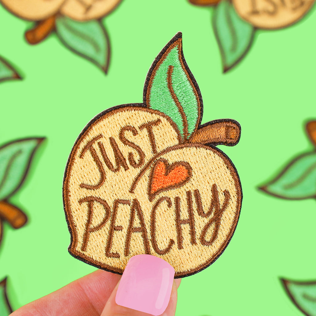 Just-Peachy-Embroidered-Patch-Peach-Embroidery-Iron-On-Turtles-Soup-Fruit-Funny-Pun
