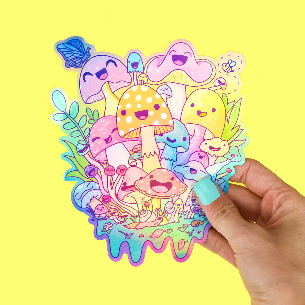 Large-Holographic-Mushrooms-Vinyl-Sticker-Happy-Mushrooms-Cute-Psychedellic-Shroomies-Shrooms-By-Turtles-Soup