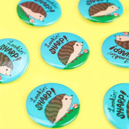Lookin' Sharp Hedgehog Pin Back Button Badge, Funny Pun, Hedgehog, Woodland Animal Gift, Hedgehogs, Mushroom, Forest Animal, Book Bag Pin