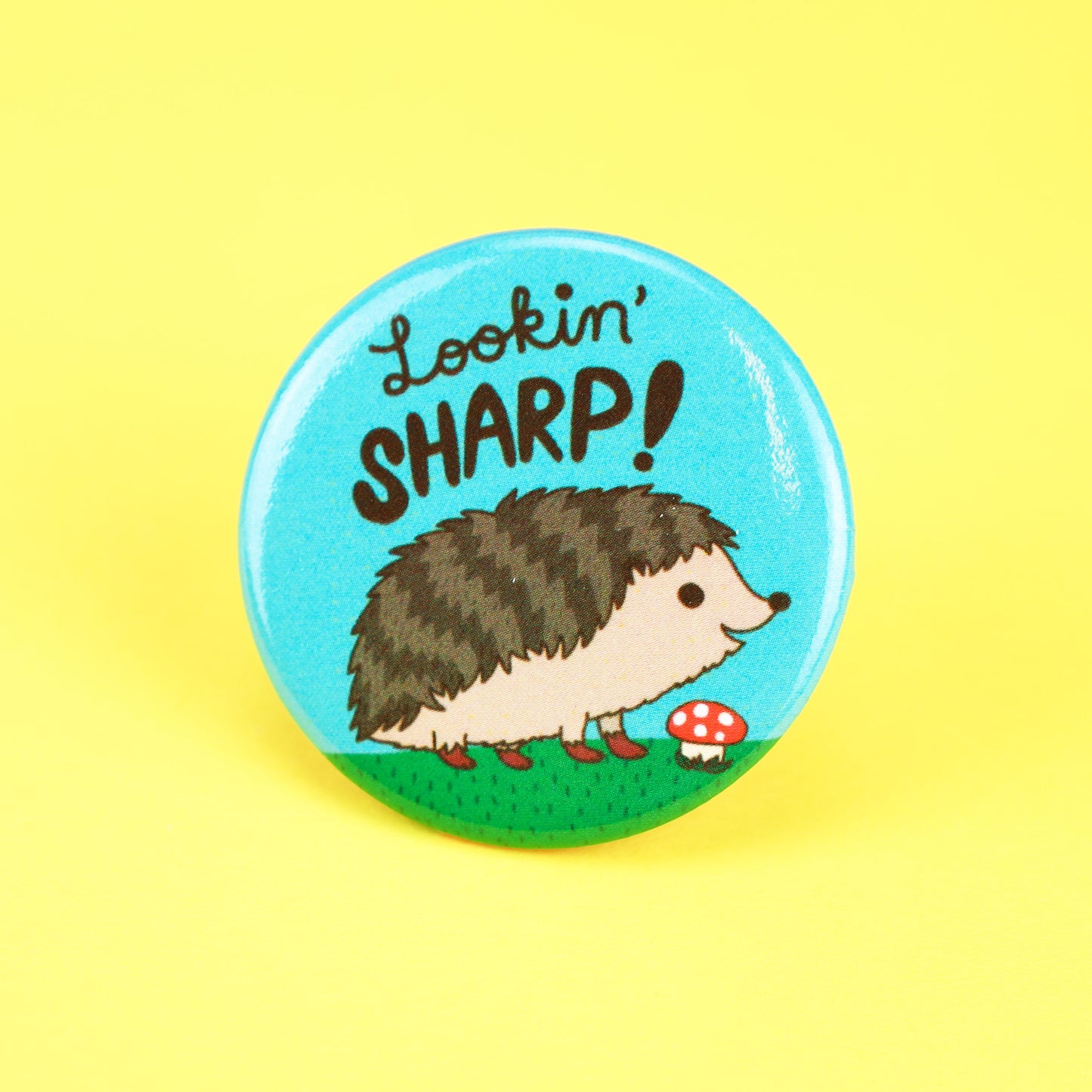 Lookin' Sharp Hedgehog Pin Back Button Badge, Funny Pun, Hedgehog, Woodland Animal Gift, Hedgehogs, Mushroom, Forest Animal, Book Bag Pin