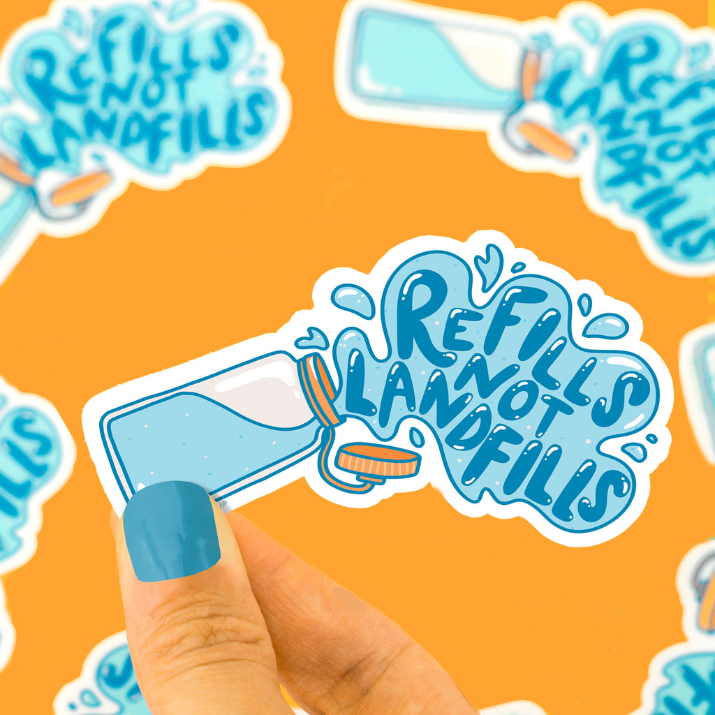 Refills-Not-Landfills-Vinyl-Sticker-Cute-Decal-For-Water-Bottle-Eco-Friendly-Reuse-Recycle-Save-The-Planet-Decal-by-Turtles-Soup.