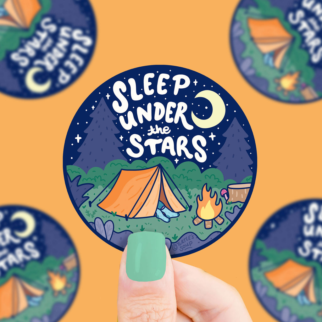 Camping sticker with tent in a forest