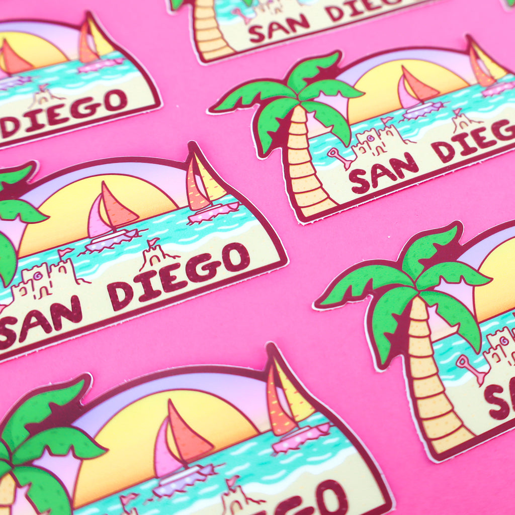 San-Diego-California-Vinyl-Sticker-Beach-Decal-California-Coast-Sunny-Cali-Palmtrees-Beaches-Sailboat-Decal-Waterbottle-by-Turtles-Soup.