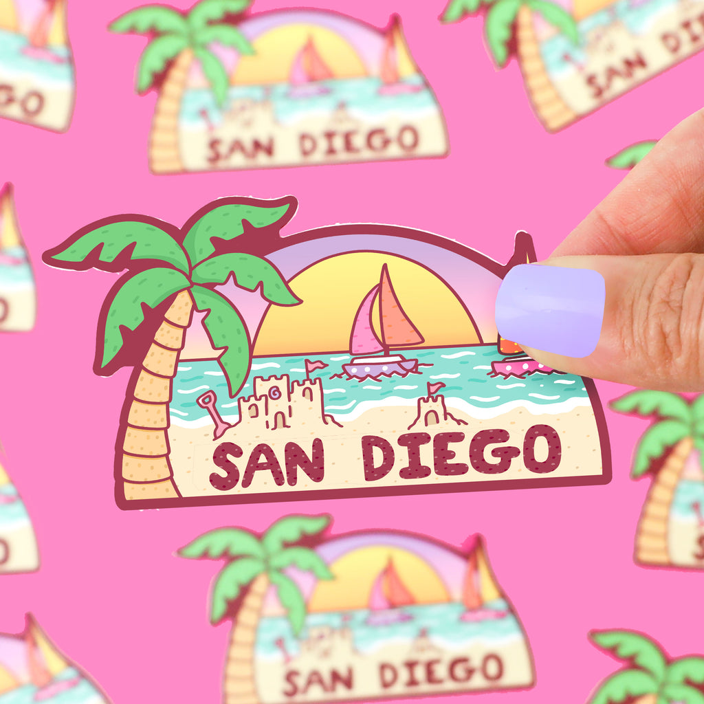 San-Diego-California-Vinyl-Sticker-Beach-Decal-California-Coast-Sunny-Cali-Palmtrees-Beaches-Sailboat-Decal-Waterbottle-by-Turtles-Soup.