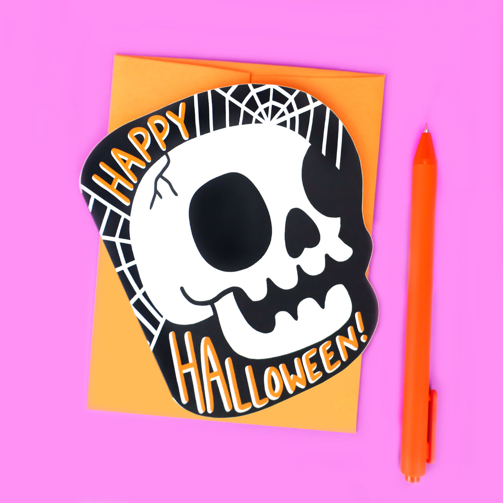 Scary-Happy-Halloween-Skull-Bones-Greeting-Card-Die-Cut-Cool-Spooky-Spider-Webs-Card