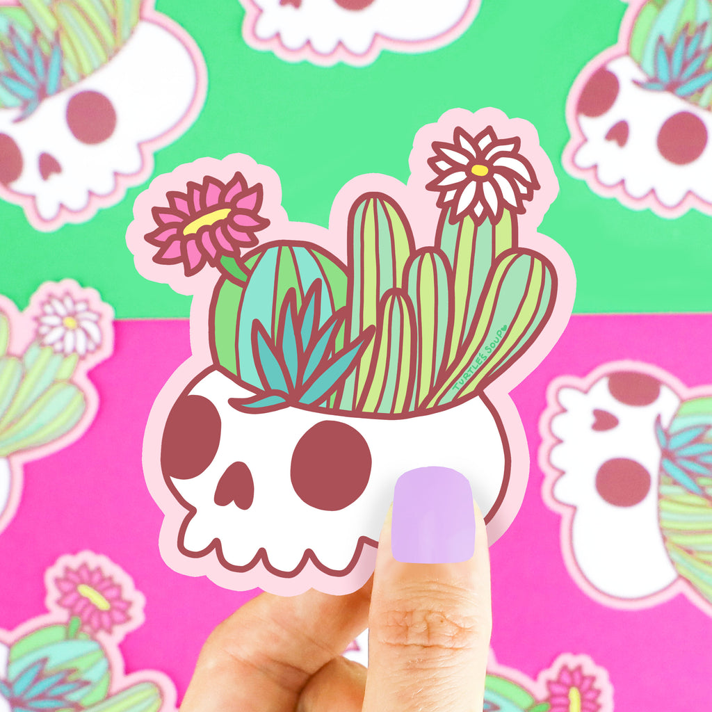 Skull-Planter-Plant-Cactus-Cacti-Succulent-Garden-Cute-Flower-Floral-Pastel-Goth-Pretty-Pink-Green-Turtles-Soup-Art-Vinyl-Sticker-Water-Bottle-Laptop-Waterproof-Adorable-Decal-for-Car