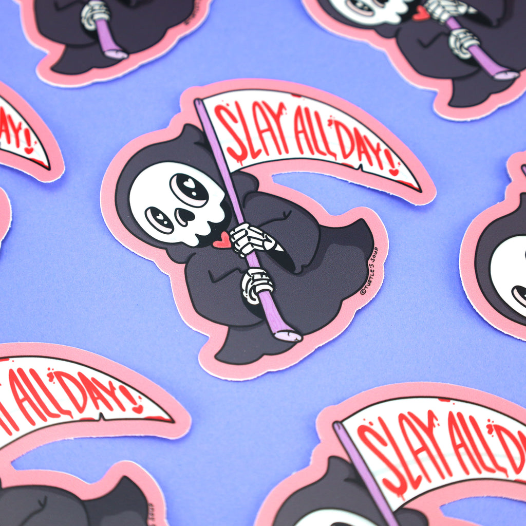 Slay-All-Day-Grim-Reaper-Funny-Halloween-Vinyl-Sticker-For-Waterbottle-Laptop-Halloween-Pun-By-Turtles-Soup-Skeleton-Scary-Spooky-Funny