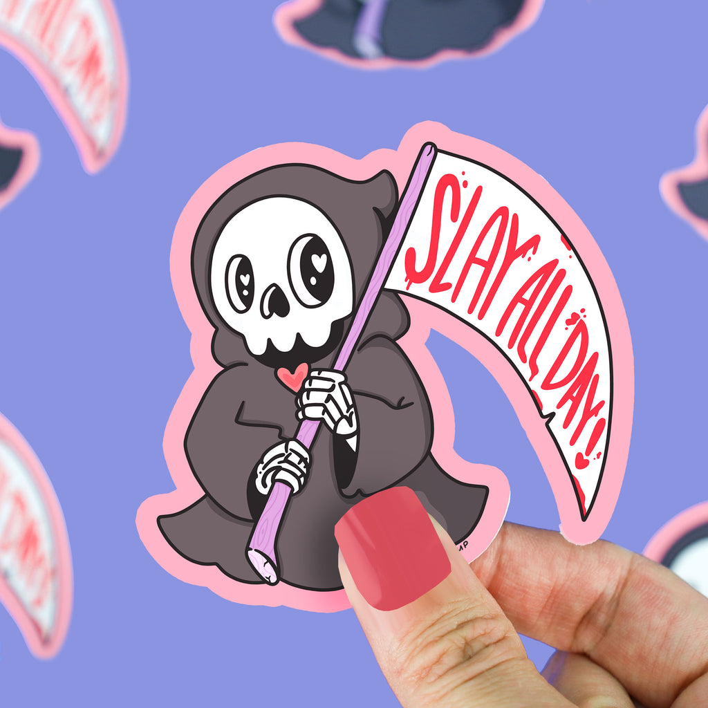 Slay-All-Day-Grim-Reaper-Funny-Halloween-Vinyl-Sticker-For-Waterbottle-Laptop-Halloween-Pun-By-Turtles-Soup-Skeleton-Scary-Spooky
