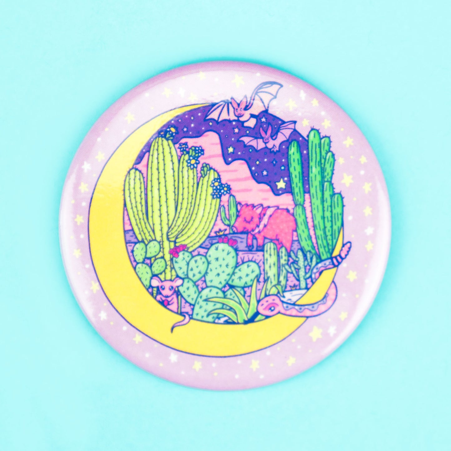 Sonoran-Desert-Moonlight-Fridge-Magnet-Cresent-Moon-Saguaro-Cactus-Javelina-Rattlesnake-Bats-Stars-Cacti-Mountains-Landscape-Dreamy-Turtles-Soup