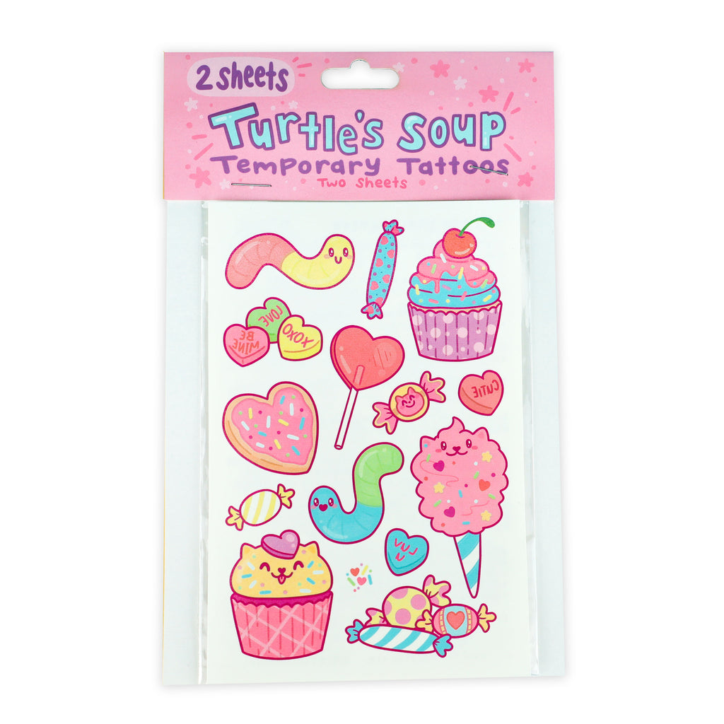 sweet stuff candy, cupcakes, gummy worms by Turtles Soup festival temporary tattoos