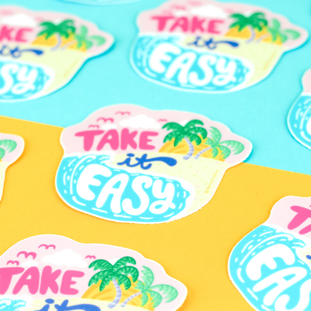 Take It Easy, Vinyl Sticker, Relax, Calming, Laptop Decals, Hand Lettering, Typography, Palm Trees, Beach, Art, Illustration, Turtle's Soup