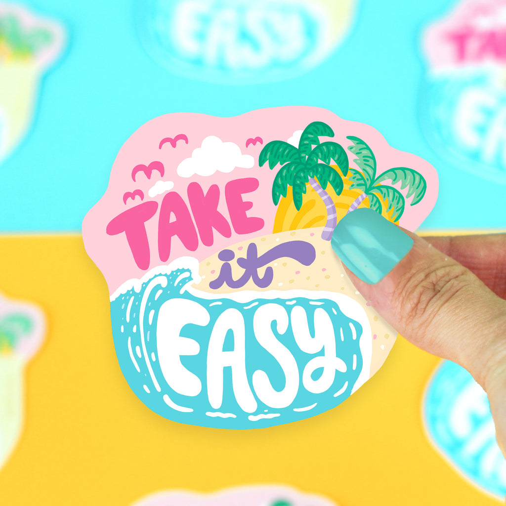 Take It Easy, Vinyl Sticker, Relax, Calming, Laptop Decals, Hand Lettering, Typography, Palm Trees, Beach, Art, Illustration, Turtle's Soup