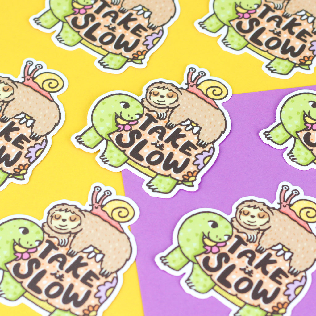 Take It Slow Decal, Animal Vinyl Sticker, Sloth, Snail, Turtle, Cute, Art, Illustration, Hand Lettered, Typography