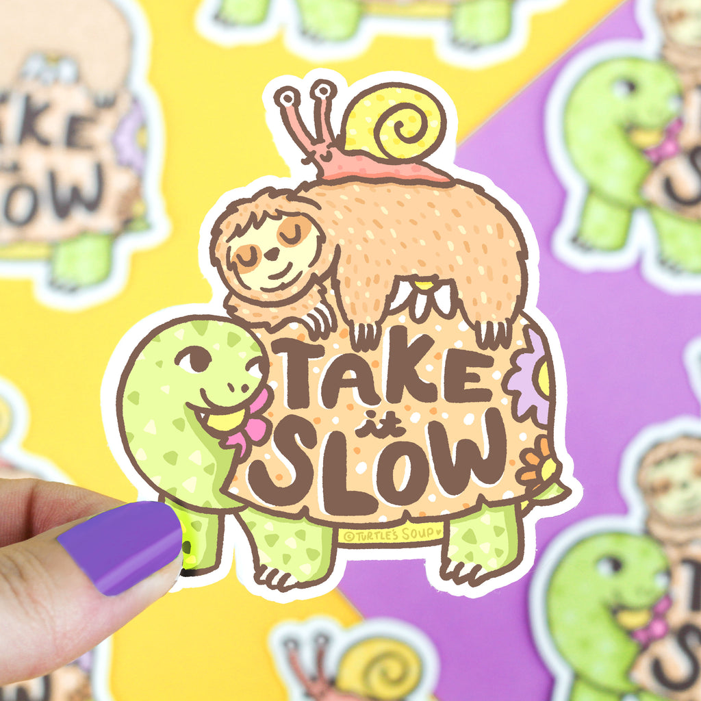 Take It Slow Decal, Animal Vinyl Sticker, Sloth, Snail, Turtle, Cute, Art, Illustration, Hand Lettered, Typography