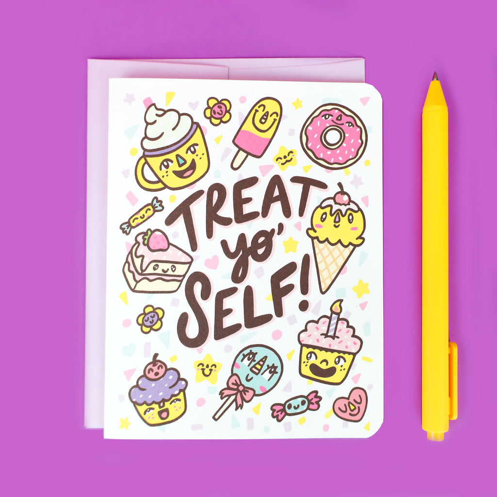 Treat-Yo-Self-Treat-Your-Self-Funny-Treats-Dessert-Cupcakes-Cake-Lollypop-Birthday-Congratulations-Giftcard-Ice-Cream-Cone-Thinking-of-You-Card-by-Turtles-Soup