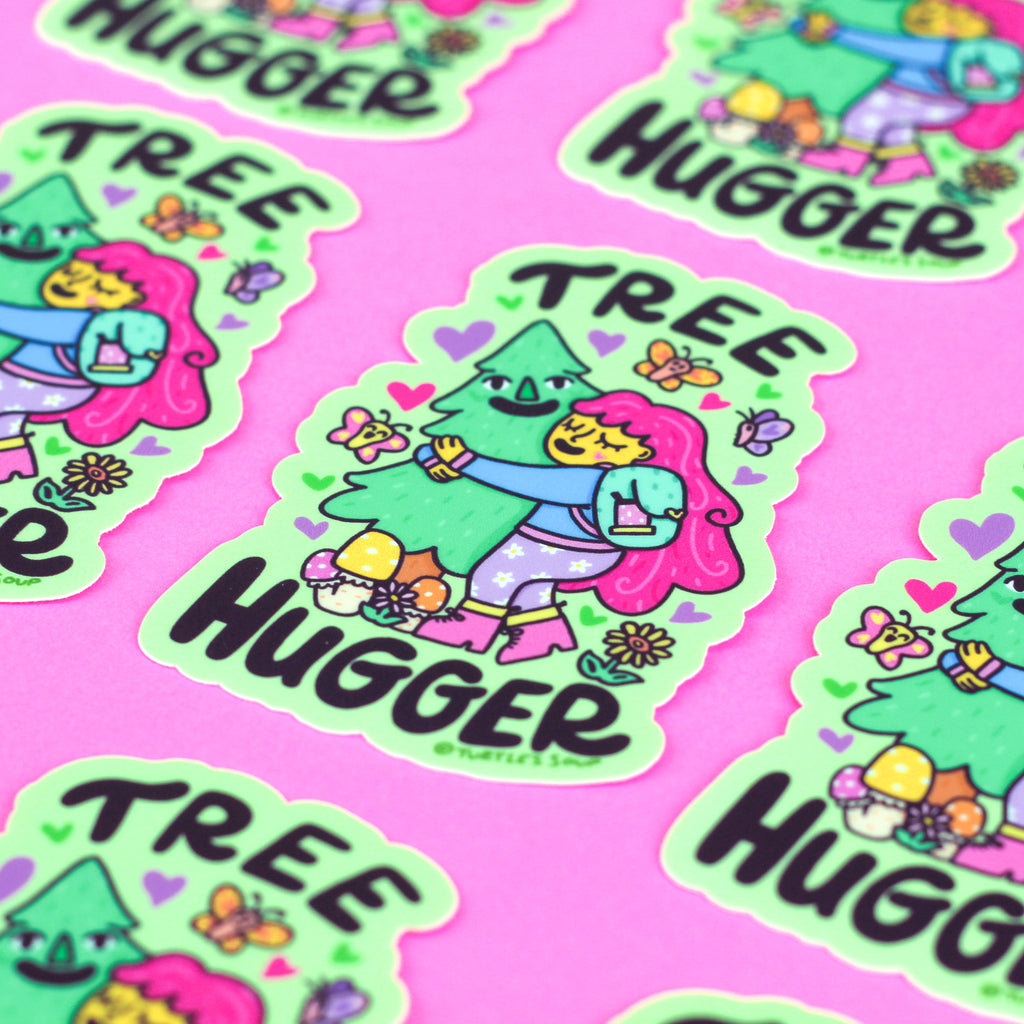 Tree Hugger, Environmentalist Sticker, Hippie, Cute Illustrated Vinyl Decal, for Water Bottle, Laptop, Hiking Sticker, Outdoorsy, Love