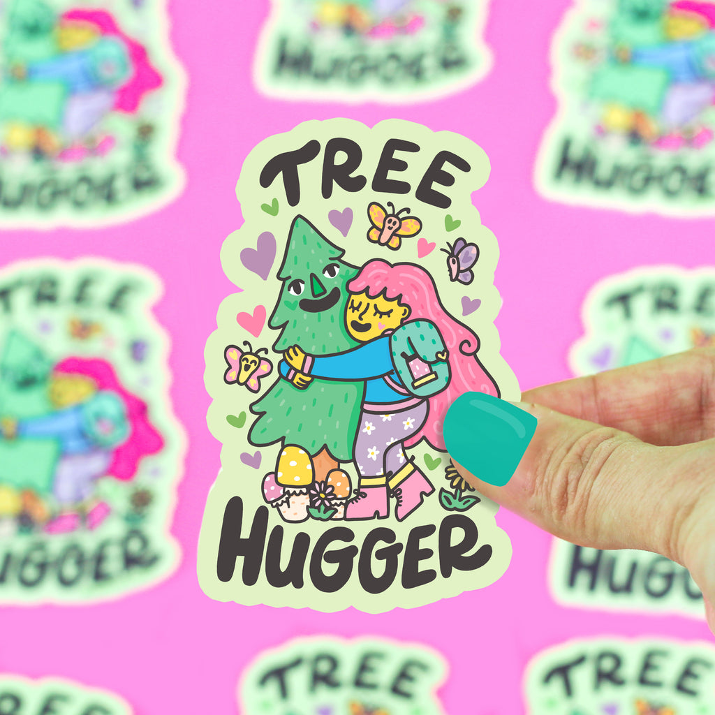 Tree Hugger, Environmentalist Sticker, Hippie, Cute Illustrated Vinyl Decal, for Water Bottle, Laptop, Hiking Sticker, Outdoorsy, Love