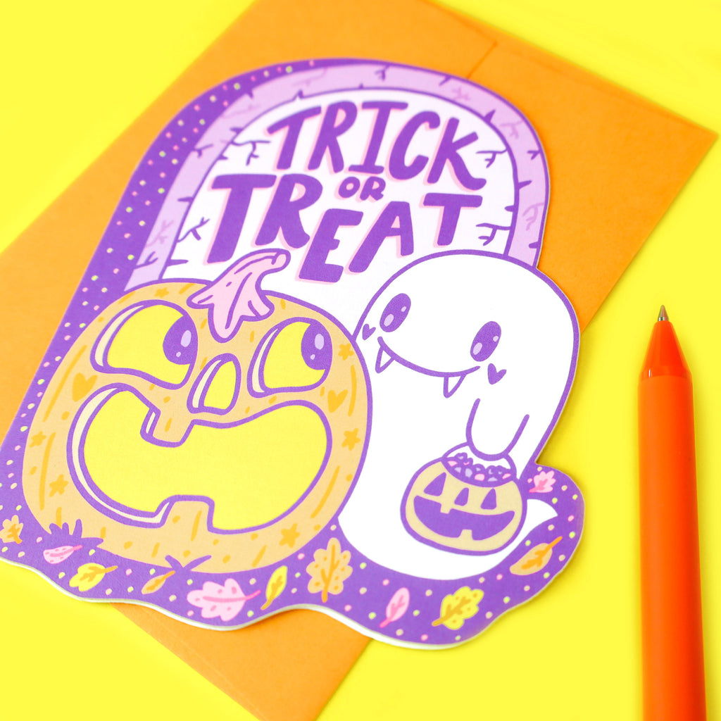 Trick-or-Treat-Happy-Halloween-Ghost-Ghoul-Pumpkin-Graveyard-Greeting-Card-by-Turtles-Soup-Cute-Holiday-Halloween-Orange-Purple
