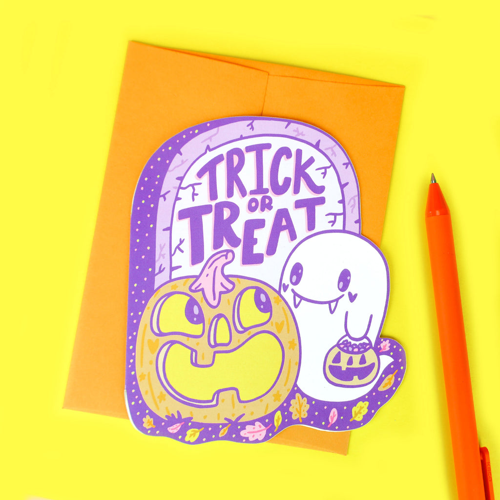 Trick-or-Treat-Happy-Halloween-Ghost-Ghoul-Pumpkin-Graveyard-Greeting-Card-by-Turtles-Soup-Cute-Holiday-Halloween-Orange-Purple