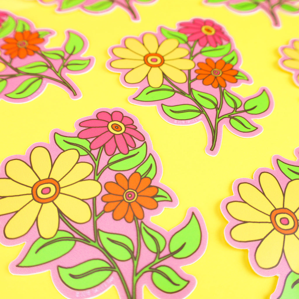 Wildflowers-Pretty-Daisy-60s-Style-Vintage-Flowers-Floral-Bouquet-Cute-Pretty-Orange-Yellow-Pink-Garden-Spring-Summer-Turtles-Soup-Sticker-Decal-for-Waterbottle-Laptop-Car