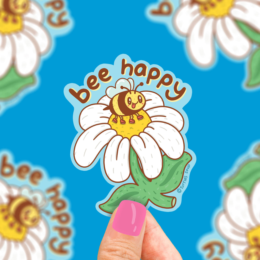    bee-happy-bumble-bee-flower-floral-vinyl-sticker-cust-sticker-art-happy-bee-adorable-sticker-daisy-flower-decal-for-water-bottle-cute-sticker