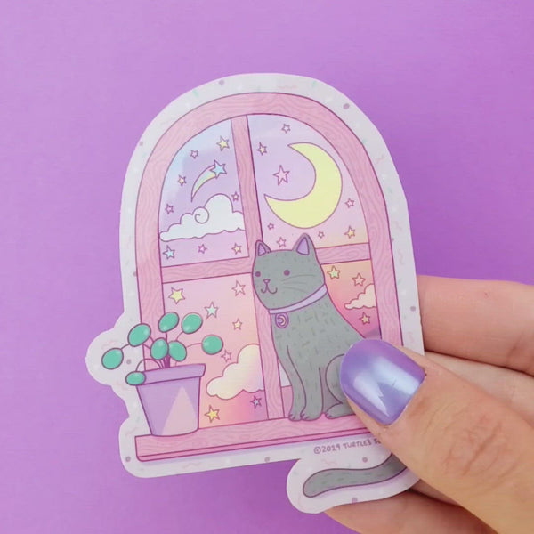 holographic-cat-sticker-gazing-moonlight-whimisical
