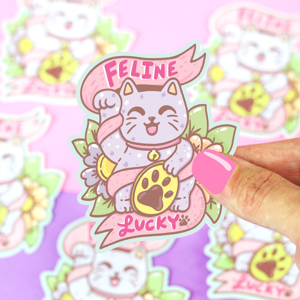 feline-lucky-pun-neko-maneki-good-fortune-cat-kitty-cute-vinyl-sticker.