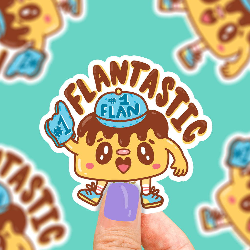 flantastic-funny-flan-food-pun-cute-sweet-treat-number-one-fan-funny-sticker-for-waterbottle-laptop-foodie-food-pun-sticker-by-turtle_s-soup