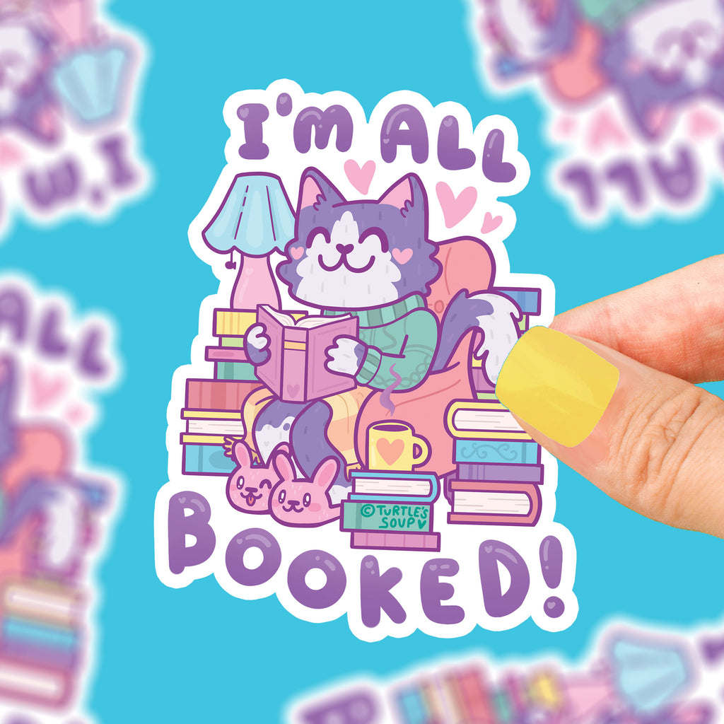 im-all-booked-reading-book-pun-sticker-by-turtles-soup-book-sticker-by-turtles-soup-cat-kitty-reading-funny-sticker-art-for-laptop-phone-waterbottle-car