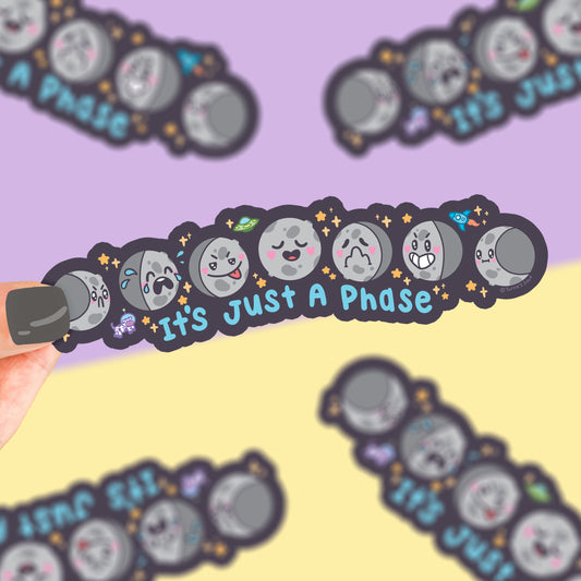 vinyl sticker of moon phases in moods, cute sticker for water bottles, laptops and more by turtles soup