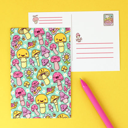 mushrooms,mushie,cute,happy,colorful,spring,turtles,soup,flowers,adorable,postcard