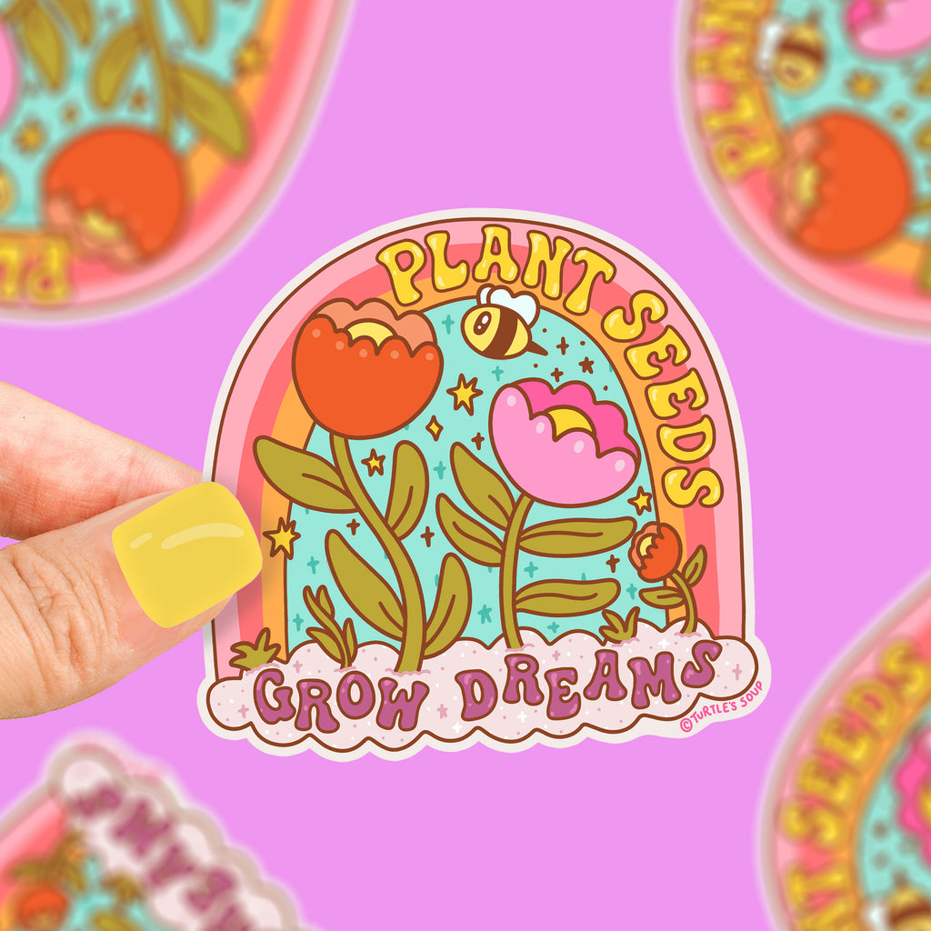 plant-seeds-grow-dreams-cute-dreamy-garden-decal-by-turtles-soup-sticker-art-for-water-bottle-laptop-phone-journal-watering-can-planter-pot-bumble-bee-dreamy-sticker